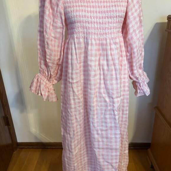 SLEEPER Of the Shoulder Midi Pink Gingham Dress - Pink/White - size Large - Picture 2 of 16